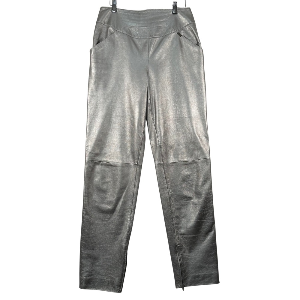 Vintage Chanel 44 12 Leather Pants Silver Metallic 99A Lambskin Silk Tapered Y2K